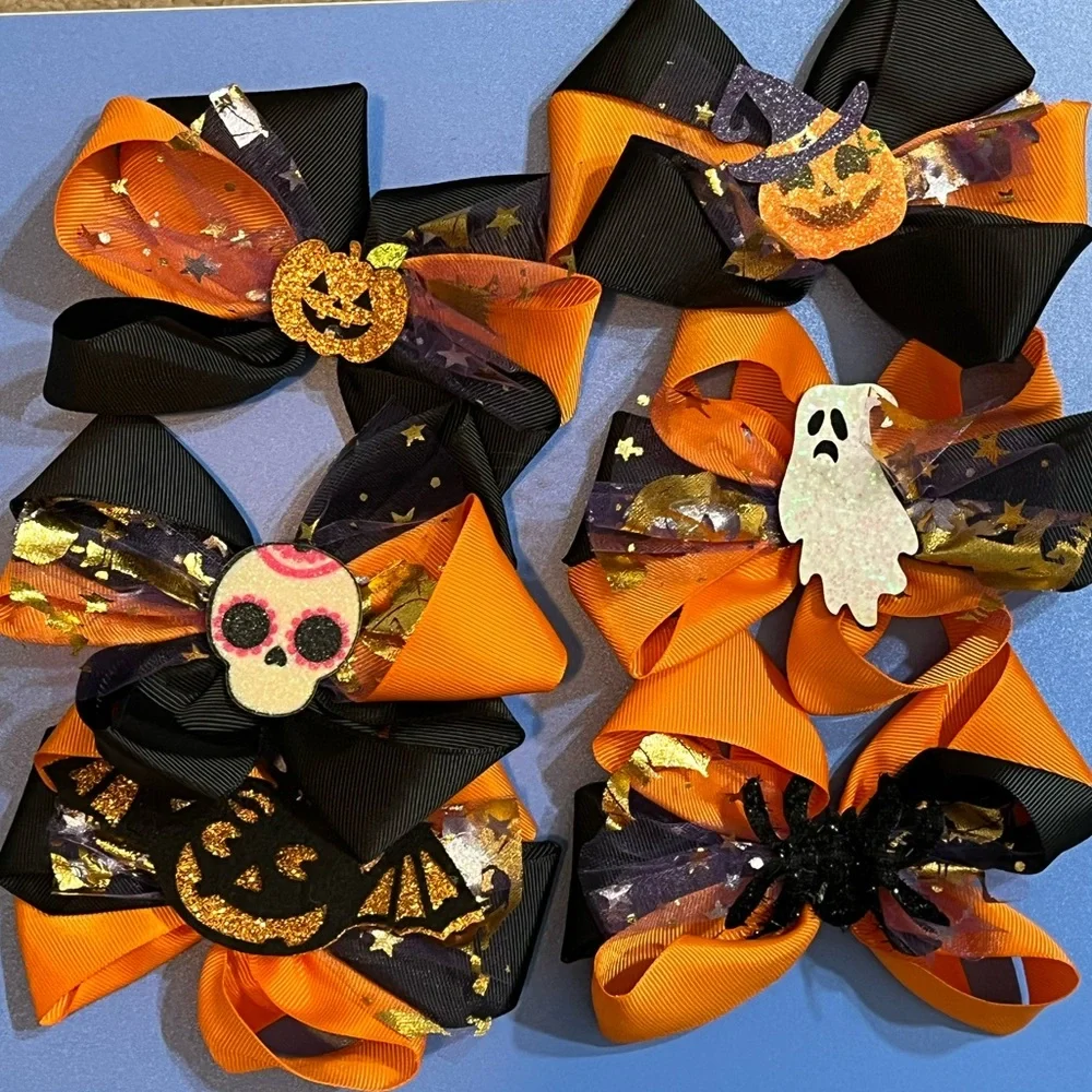 🕷️ NEW Creepy Spider Halloween Hair Bow – Orange & Black